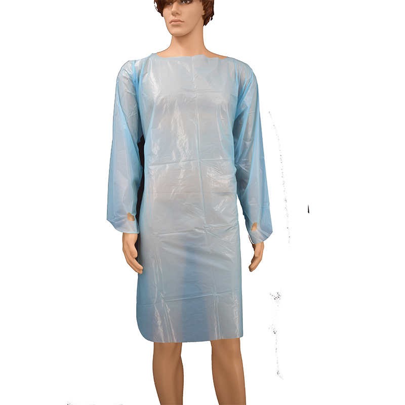  ثوب عزل مقاوم للماء من البلاستيك القابل للتصرف ، ثوب CPE بأكمام طويلة وحلقة الإبهام